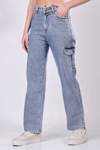 Image of London Hills Women's Relaxed Fit Mid Rise Cargo Jeans for Woman | Baggy Jeans for Woman | Baggy Pant | Cargo Pants for Women | Black | Blue | Jins | Pockets