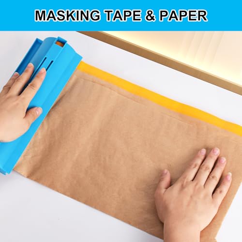 Image of 6 Pack Pre-Taped Masking Paper for Painting - 18 inch x 50 feet Tape and Drape Painters Paper, Paint Adhesive Protective Roll for Covering Skirting, Frames, Cars (6 Rolls) with ONE Dispenser