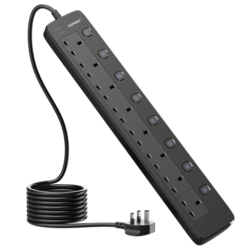 TOPREK 8 Way Extension Lead with Individual Switches 2M Heavy Duty Socket