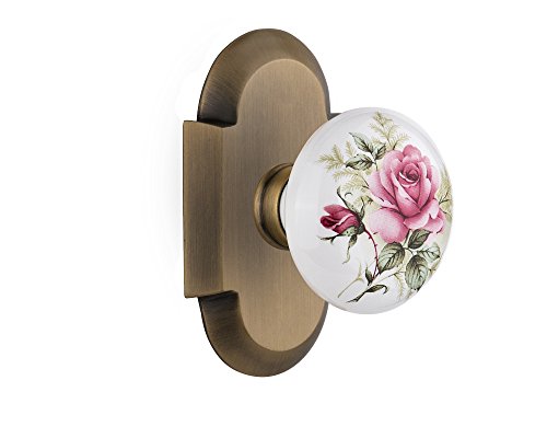Nostalgic Warehouse Cottage Plate with White Rose Porcelain Knob, Double Dummy, Antique Brass