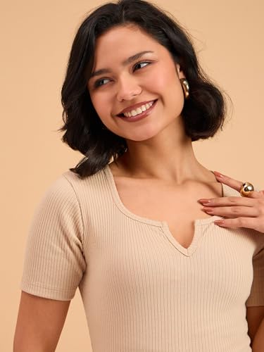Image of barcino Beige Ribbed V-Neck Short Sleeves Top