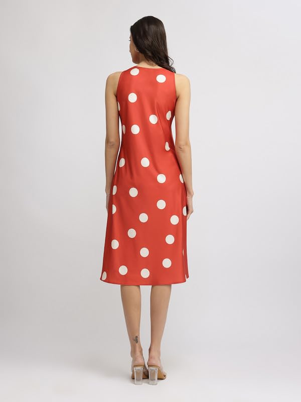 Image of FableStreet Women Party Dress | Elegant A-Line Fit Midi Length V-Neck Sleeveless | Lustrous Satin Fabric for Evening Gatherings & Celebrations