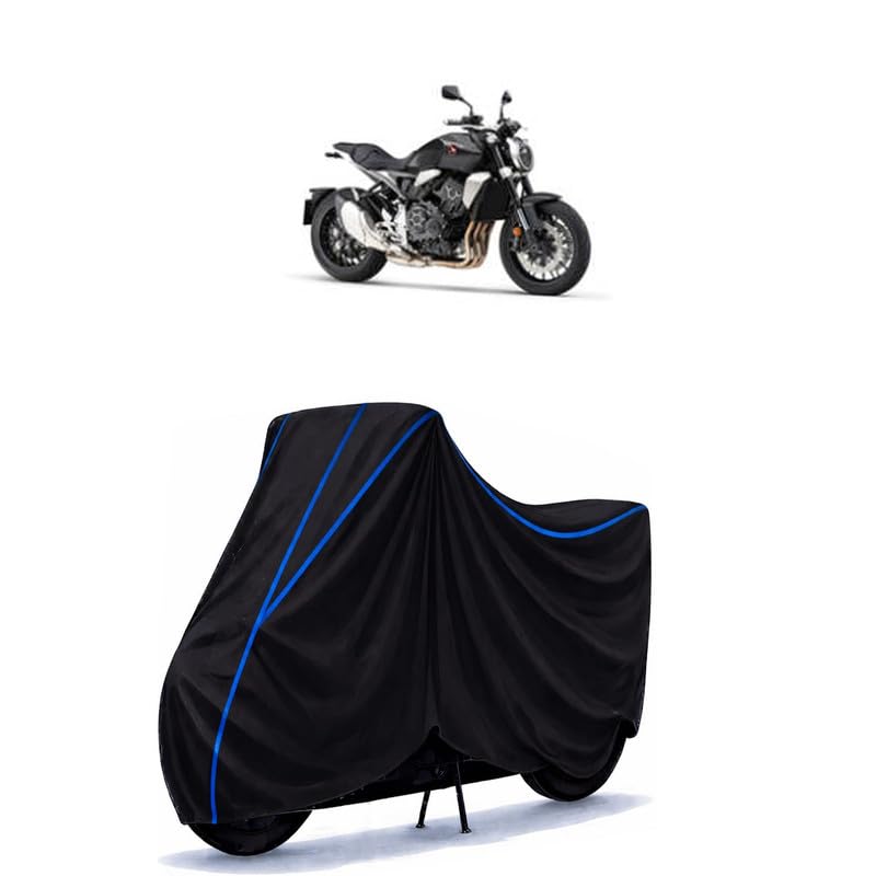 Image of CB 1000 R Plus Bike Cover Water Resistant Universal Motorcycle Rain | Heavy Duty UV Protection, Dust, Scratch Indoor Outdoor All Weather with Black Blue Piping Elastic