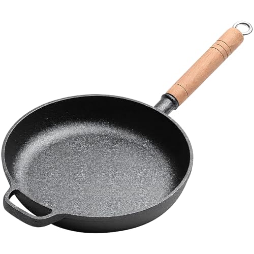 LIYGAOF Gusseisen Pfanne 25cm Bratpfanne Grillpfanne: Ohne Beschichtung Induktion Pfanne Griff aus Massivholz Lange Lebensdauer für Alle Herdarten Geeignet (25cm)