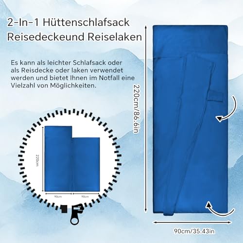 Hüttenschlafsack Baumwolle, 2in1 Ultraleichter Reise-Schlafsack, Reiseschlafsack mit Zwei Wege Reißverschluss Hüttenschlafsack aus Mikrofaser mit Kissenfach für Erwachsene Camping Wandern Hostels-Blau