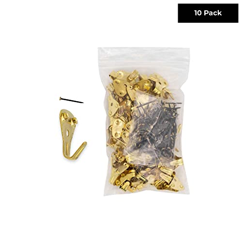 Image of Professional 50 LB Brass Plated Picture Hangers with Hardened Steel Pins Pack of 10 for Picture Frame Hanging