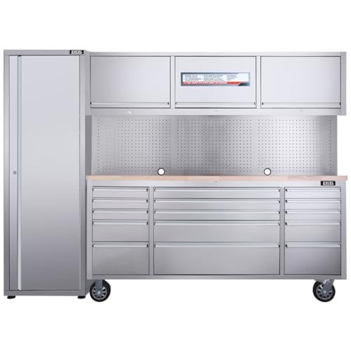 Image of Excel 72-Inch Stainless Steel Workbench Roller Tool Chest Cabinet with 15 Drawers, 3 Overhead Cabinets & Tall Storage Cabinet, Heavy Duty Garage Tool Organizer System
