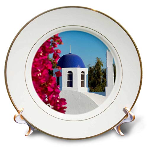3dRose Pink bougainvillea, blue domed Greek orthodox church,Santorini,Greece, 8-Inch
