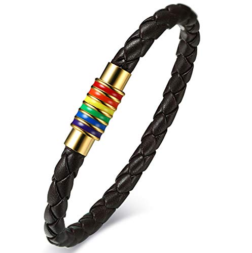 Nanafast Stainless Steel Rainbow Lgbt Pride Handmade Braided Lgbtq Pride Bracelet Leather Weave Plaited Waistband Jewelry Black Gold 7.48 Inches #TOP7