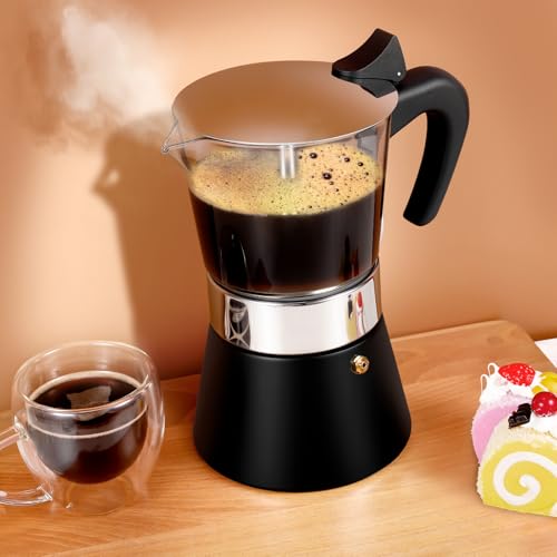 Image of Induction Moka Pot, 9 Cups (15.9 oz) Crystal Glass-Top & Stainless Steel Moka Pot, Classic Stovetop Espresso Maker, Black