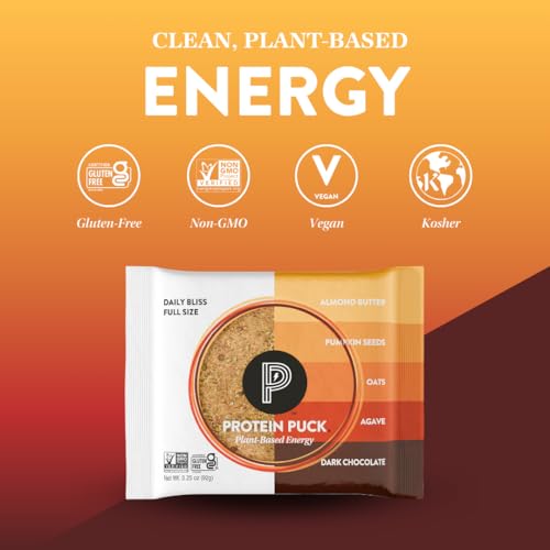 Image of Protein Puck Plant Based Protein Bars 16 Count 3.25oz Full Size Daily Bliss | Snacks with Vegan Protein, Gluten Free, Non Dairy, Kosher Certified Non GMO Premium Healthy Bars