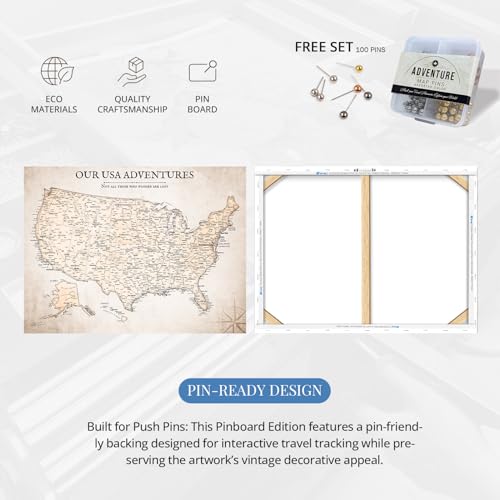 Image of IPIC - Vintage USA Map Pin Board Canvas Wall Art, Travel Map with Pins Included, Ready to Hang for Home or Office 36x24 Inch