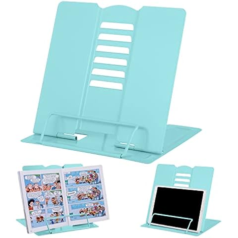 MSDADA Desk Book Stand Metal Reading Rest Book Holder Adjustable Cookbook Documents Holder Portable Sturdy Bookstands for Recipes Textbooks Tablet Music Books with Page Clips (Light Lake Green) Cover