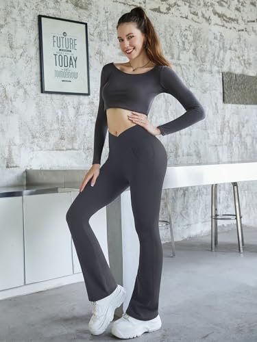 Image of Flare Leggings for Women with Pockets 2pack High Waisted Crossover Flare Leggings Bootcut Yoga Pants