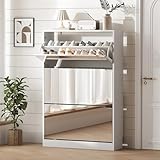 Shoe Storage Cabinet for Entryway with 3 Flip Drawers & Mirror, Sturdy Wood Hidden Shoe Storage, Freestanding Narrow Slim Shoe Organizer for Front Door Entrance, Living Room, Hallway, Bedroom, White