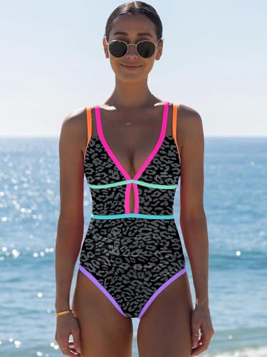 Image of popvil Women One Piece Swimsuit 2026 Tummy Control Sexy Cutout Neon Color Block Bathing Suit Slimming Adjustable Swimwear