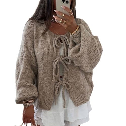 Image of Women Knitted Tie Front Cardigan Tops Casual Knitwear Top Long Sleeve Open Front Baggy Sweater Y2k Girls Outwear