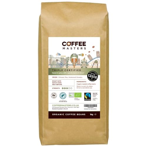 Coffee Masters Triple Certified Arabica Coffee Beans 1kg - Fairtrade Organic Coffee Beans Blend - Medium Roast Whole Coffee Beans Ideal for Espresso Machines - The Great Taste Award Winner