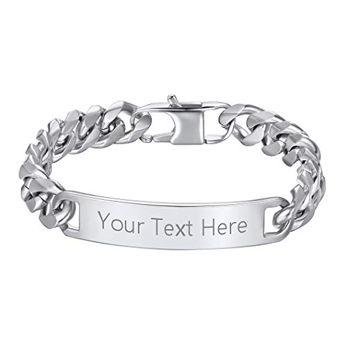 Richsteel Bracelet Personnalisable Homme Femme Chaine de Main Gourmette Maille Cubaine de Miami avec Plaque en Acier Inoxydable,Classique Bracelet Polissage Argent-Longueur de 19cm,Largeur de 10mm Cover