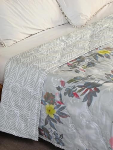 Image of 220 GSM 100% Cotton Microfibre Reversible Comforter AC Blanket for Summer /Winter /Quilt Soft Breathable Floral Print Duvet Single /Double Bed (Off White Yellow, Double Bed(230X250 CM))