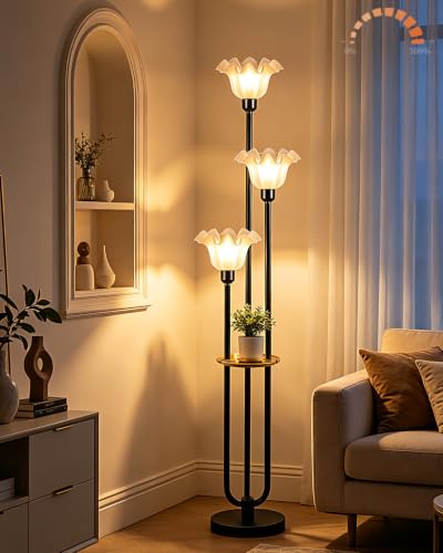Image of Flower Floor Lamp for Living Room, Mid Century Modern Floor Lamp Dimmable with Shelf & LED Bulbs, 3 Light Black Vintage Floral Standing Tall Lamp for Bedroom Sofa Beside Corner Decor