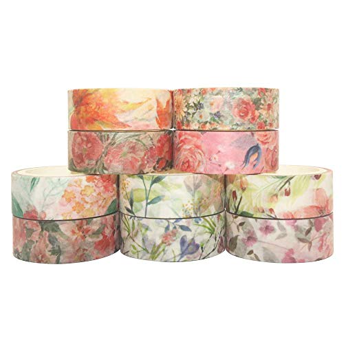 Image of HASTHIP 10 Roll Washi Tapes Set Spring Flower Colour Tapes Decorative Tape Craft Supplies for DIY Craft, Journal Supplies, Gift Wrapping, Scrapbooking
