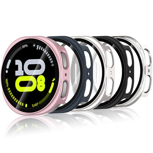 Bigqin 5 Pièces Coque Compatible avec Samsung Galaxy Watch 8 40mm, Coque Rigide en PC avec Protecteur d'écran, Coque HD avec Verre Trempé - Transparent,Noir,Argent, Rose,Blue