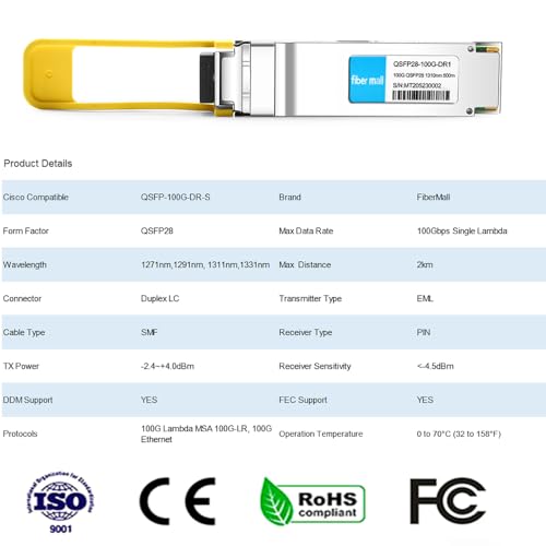 Image of 100G QSFP28 DR Single Lambda Optical Transceiver Module, Compatible with Cisco QSFP-100G-DR-S,100GBASE-DR QSFP28 1310nm 500m Duplex LC SMF with FEC DDM