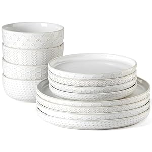 Stoneware Dinnerware Sets Service for 4, 12 pcs Reactive Glaze Plates and Bowls Sets, Embossed Boho Ceramic Dish Set, Highly Chip and Crack Resistant Farmhouse Plate Set, Ivory White