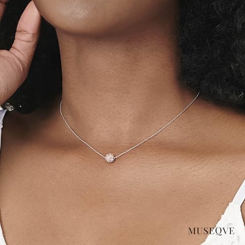 Dainty Bling Bead Ball Necklace for Women • Rhodium Silver Plated Cute Slide Mirror Disco Ball Charm Necklaces 15" - 17" • Rhinestone Pendant Choker Jewelry [MBN]4