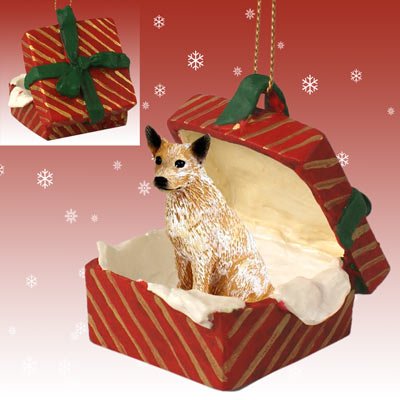 Eyedeal Figurines RED Heeler Australian Cattle Dog Sits in a RED Gift Box Christmas Ornament New RGBD87A