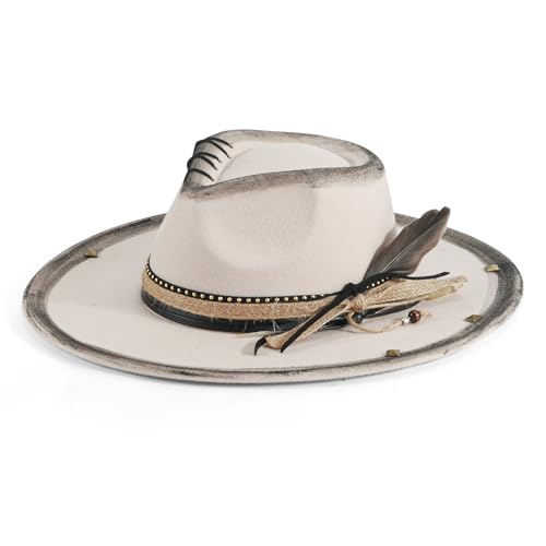 H.Busque Wide Brim Fedora Hat for Men Women Retro Western Felt Hats Beige