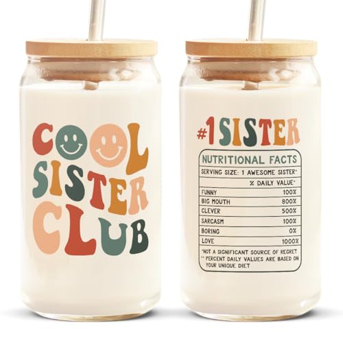 Pawfect House Cool Sister Club Glass Cups With Lids And Straws 16 Oz, Best Friend Birthday Gifts For Women, BFF, Sisters Gifts From Sister, Funny Iced Coffee Cup Gift For Her, Bestie, Big Sis, Sibling