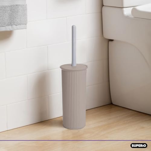 Image of Superio Ribbed Collection Toilet Bowl Brush and Holder Set, Decorative Plastic Bathroom Toilet Brush with Holder, Toilet Cleaner Scrubber, Taupe - 2 Pack