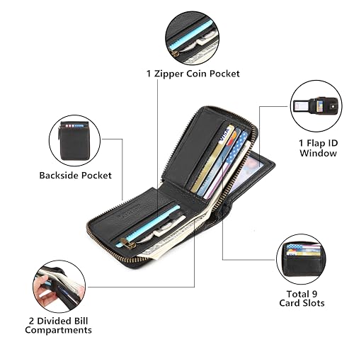 Chain Wallets For Men RFID Blocking Leather Mens Wallet With Zipper, Flap ID Window Zip Coin Pocket Bifold Card Wallets Big Capacity For Travel (Black)4