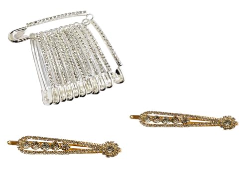 Sahishnu Online & Marketing Decorative Silver Stone Saree Pins-12 with 2 Decorative Saree Pins,Safety pins, Saree Pins Set of 12 and 2 Decorative Pins