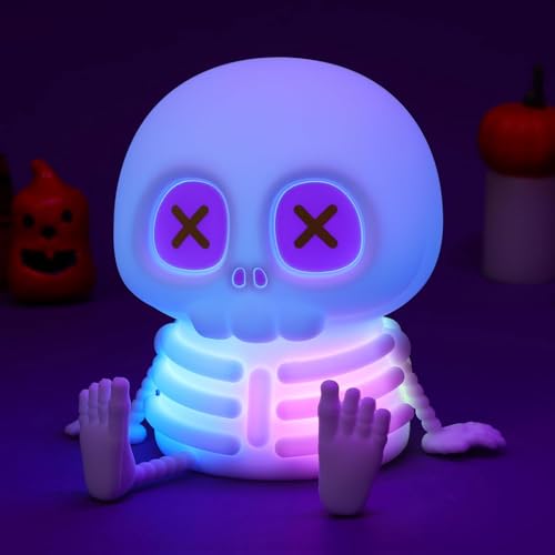 Image of FAMIDUO Skull Night Light, Halloween Decor Gift,8 Colors Kids Skeleton Lamp | Silicone Squishy Safe Toy,Rechargeable Dimmable Touch Bedside Lamp for Nursery,Cool Cute Gothic Decor,Office College Bedroom