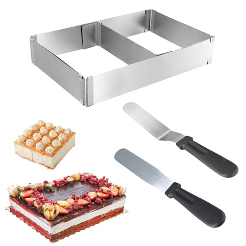 Ziyonix Cadre Patisserie Rectangulaire, Extensible Moule Carré, Moule Rectangulaire Patisserie avec 2 Spatule, Cadre patisserie Extensible en Acier Inoxydable...