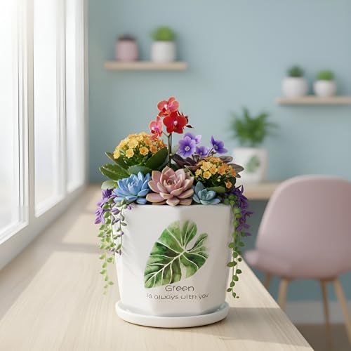 Image of Xtore Elegant Botanical Ceramic Planter with Drainage Tray | Minimalist Indoor Flower Pot for Home, Office Desk & Balcony Styling (White & Green Leaf Design -Planter only)