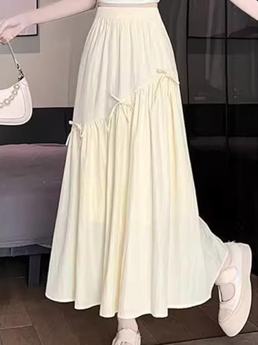 Women Bow Tie Skirt Ruffle Trim Elastic Waist Elegant Long Dress Maxi Flared Skirt3