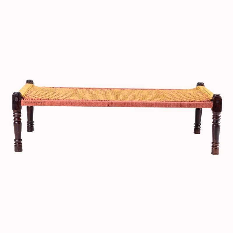 Image of Solid Sheesham Wood Charpai Khat Bed | Wooden Khatiya Charpai Desi | Handcrafted Khatiya Bed with Cotton Rope | Strong Khat for Indoor & Outdoor Use | 6X3 Feet | Orange and Yellow