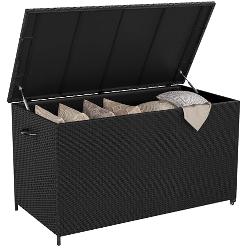 Yaheetech PE-Rattan Gartenbox Auflagenbox mit Rollen & Deckel 650 L Großer Stauraum Aufbewahrungsbox XXL Wetterfest inkl.Handgriffe für Garten Terrasse und Balkon 150×77×76 5 cm Schwarz