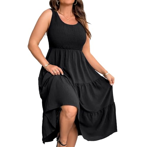RWJ Plus Size Summer Sleeveless Tank Dress for Women 2025 Smocked Casual Loose Sundress Flowy Beach Tiered Long Midi Dresses