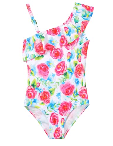 Image of Snowheart Girls Swimsuit Adjustable Shoulder Strap UPF50+ One-Shoulder Ruffle Bathing Suit 3-12T