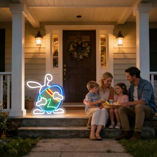 Image of Bunny Neon Sign with Egg, LED Rabbit Night Light for Kids Bedroom, Cute Animal Wall Decor for Baby Nursery, Dimmable USB Powered Neon Wall Light for Toddler Room, Cozy Room Aesthetic Gift for Girls Boys 13*13.7in