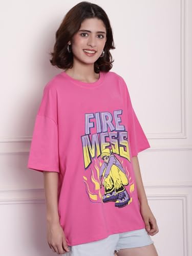 Image of Fabflee Oversized Cotton Baggy Drop Shoulder Graphic Tee with Half Sleeves | Korean Casual Loose T-Shirt for Women