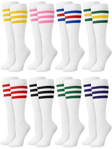 Breathffy 8 Pairs Halloween Kids Striped Tube Socks Cotton Knee High Colorful Retro Socks for Kid Boys Girls 6-10 Years(Bright Color)