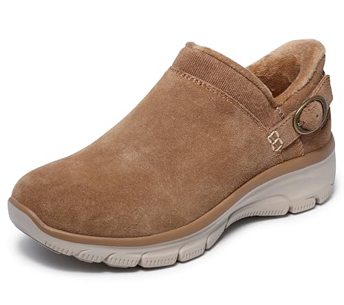 Skechers Women's EASY GOING - MODERN TIME Hands Free Slip-Ins, scooped collar buckle boot, TAN, 8M