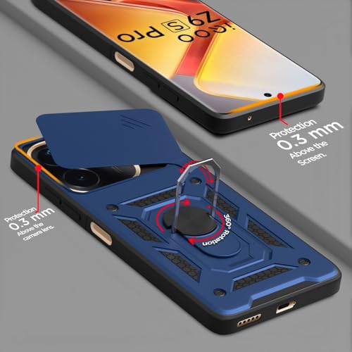 Image of Pikkme D10 Tough Armor Bumper Case | 360 Protection Case | Sliding Camera Shield Cover & Ring Holder Stand Back Cover for Vivo T3 Pro 5G / iQOO Z9s Pro 5G (Blue)