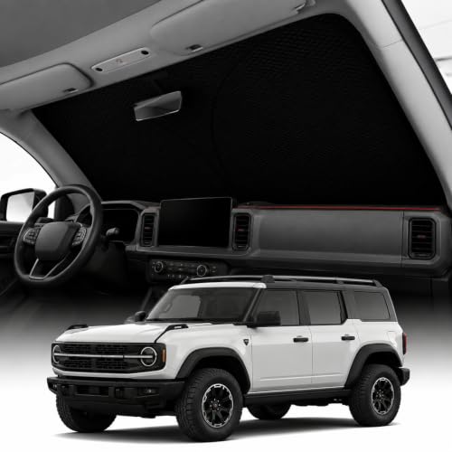 REEVAA 2026 3rd Pro Windshield Sunshade for 2021-2025 Ford Bronco | Dual-Layer Heat & Sun Defense, OEM Design | Foldable Sun Shade Car Accessories with Storage Bag